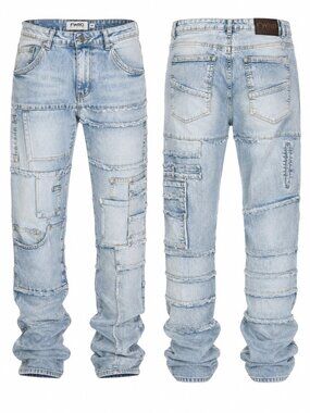 FWRD Denim Jeans Men 44 Patchwork Moto Cargo Light Wash Y2K Streetwear Stacked